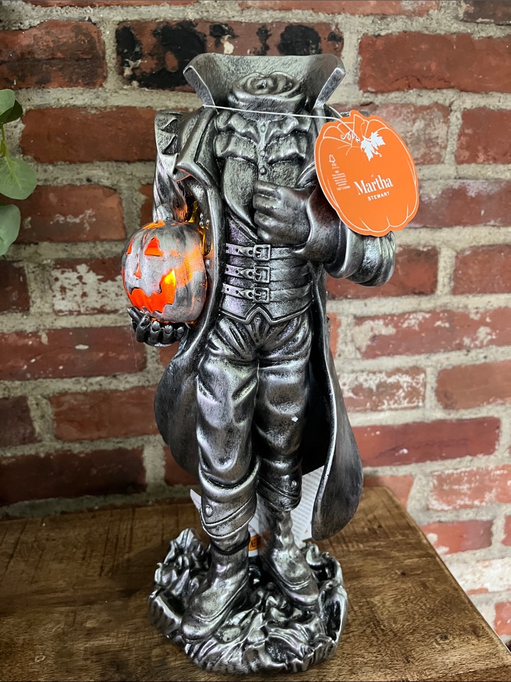 Martha Stewart Silver Headless Figure Holding Illuminated Orange Pumpkin